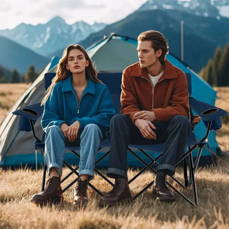 Two-Person Folding Loveseat – Blue High-Back Outdoor Chair with Cup Holders & Transport Bag