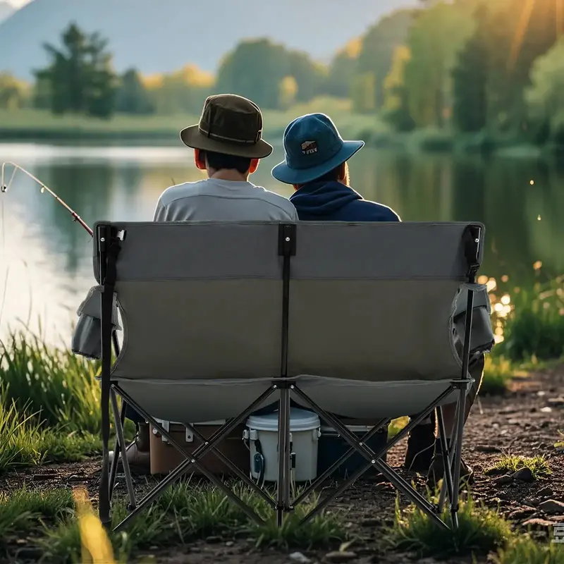 Two-Person Folding Loveseat – Grey High-Back Camping Chair with Cup Holders & Carry Bag
