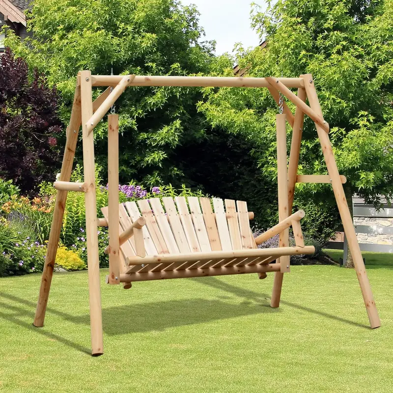 Two-Person Swinging Garden Chair with Natural Wood Finish – OUTSUNNY