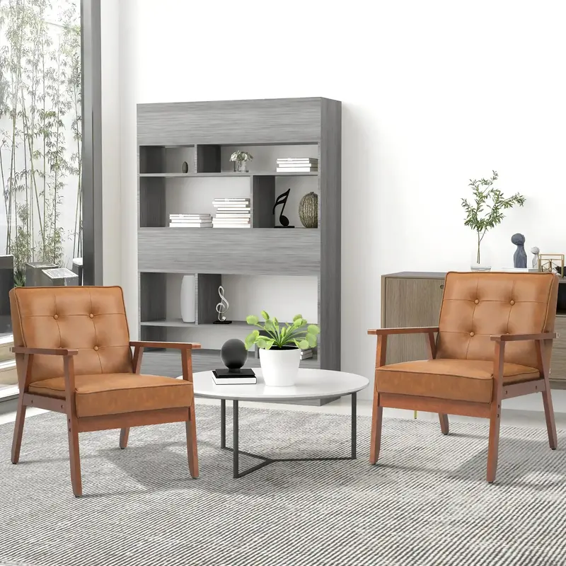 Two-Piece Brown Faux Leather Accent Chairs – Retro Beech Wood Frame Set by HOMCOM