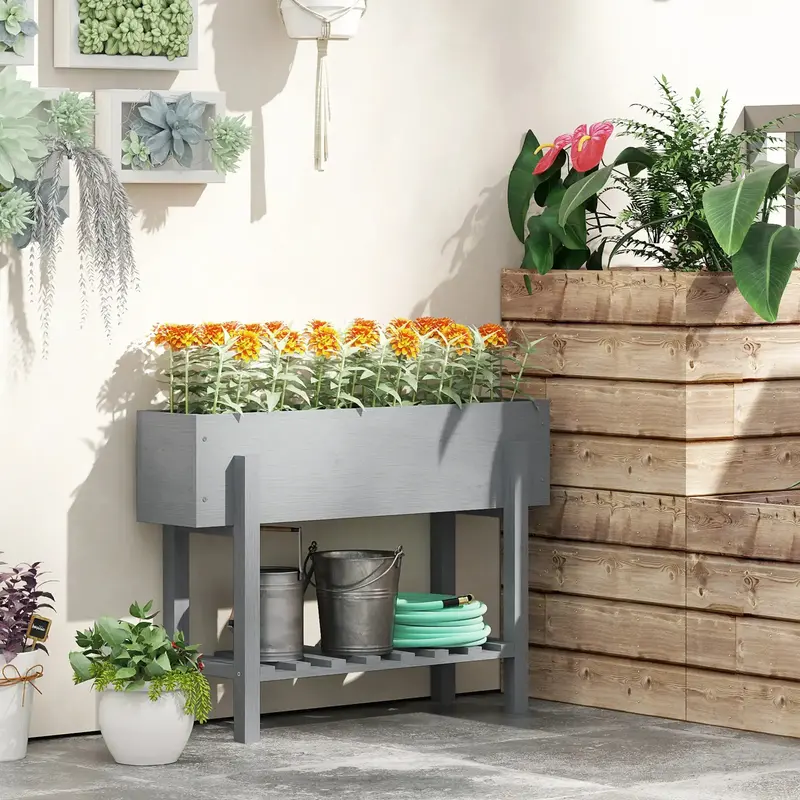 Two-Tier Grey Wooden Raised Garden Bed with Integrated Shelf