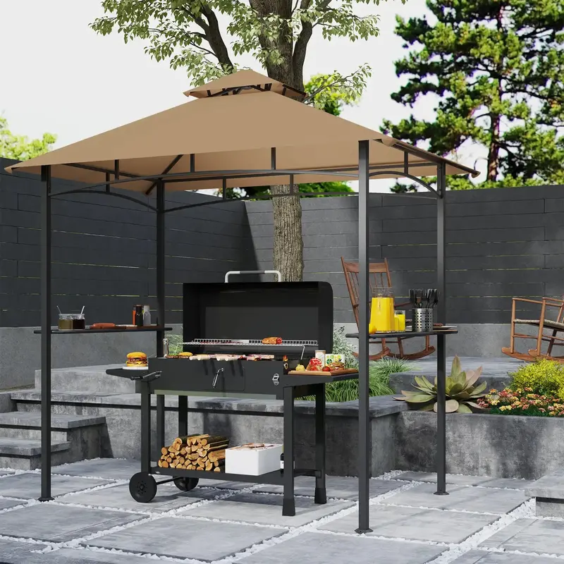 Two-Tier Khaki BBQ Gazebo Shelter – 2.5m Outdoor Canopy with Ventilation