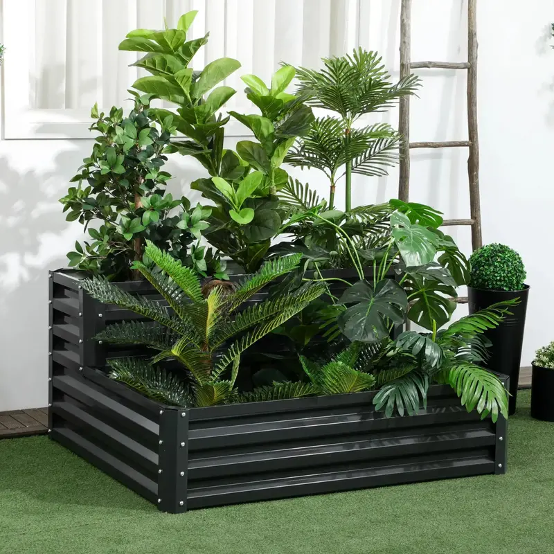 Two-Tier Stair-Step Raised Garden Bed – Galvanised Steel, Dark Grey by OUTSUNNY