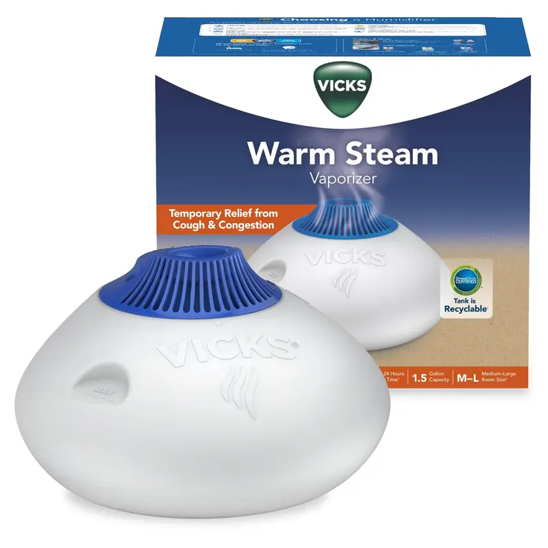 Vicks Warm Steam Vaporizer Humidifier – 1.5-Gallon Capacity, Night Light, Covers Up to 600 Sq. Ft