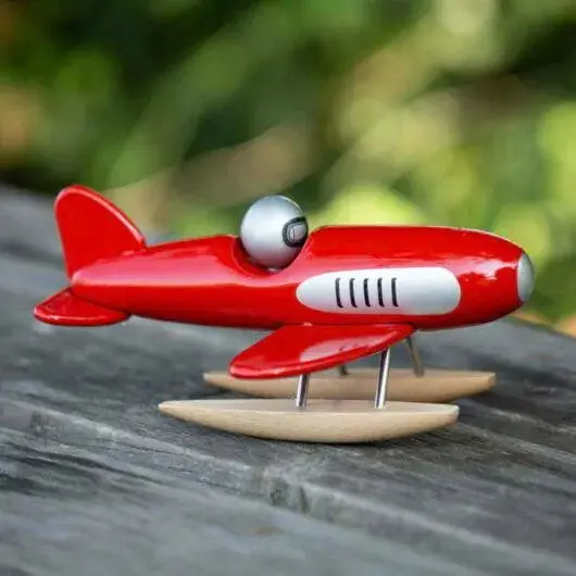 VILAC Lacquered Red & Silver Wooden Seaplane Toy – Classic Aircraft Design