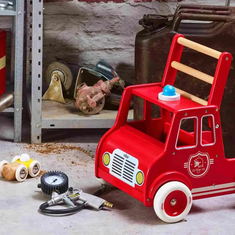 VILAC Wooden Fire Engine Walker – Red Push-Along Toddler Toy with Built-In Storage
