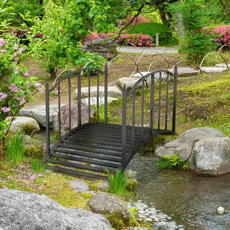 Vintage-Style Metal Garden Bridge – Ornate Scrollwork Design with Sturdy Handrails by OUTSUNNY