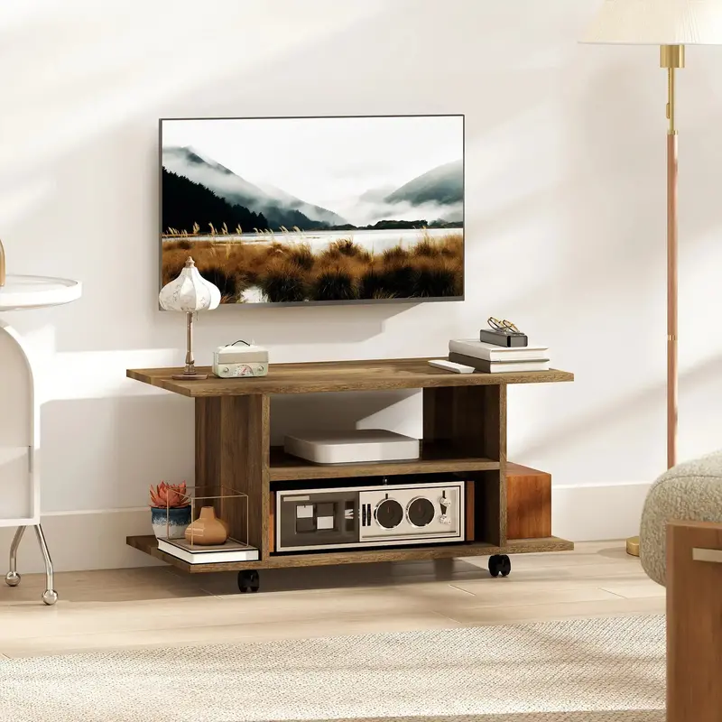 Walnut-Finish Rolling TV Stand – Mobile Media Unit with Open Shelving and Smooth-Castor Wheels