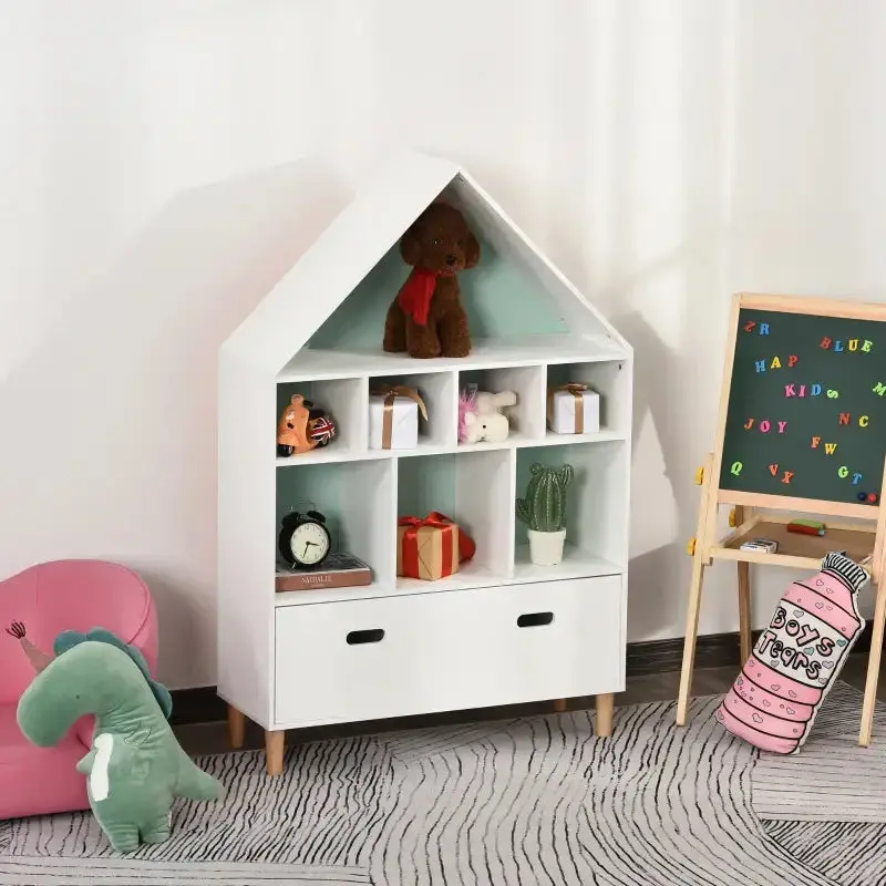 White House-Shaped Kids Bookcase with 8 Shelves and Storage Drawer – HOMCOM