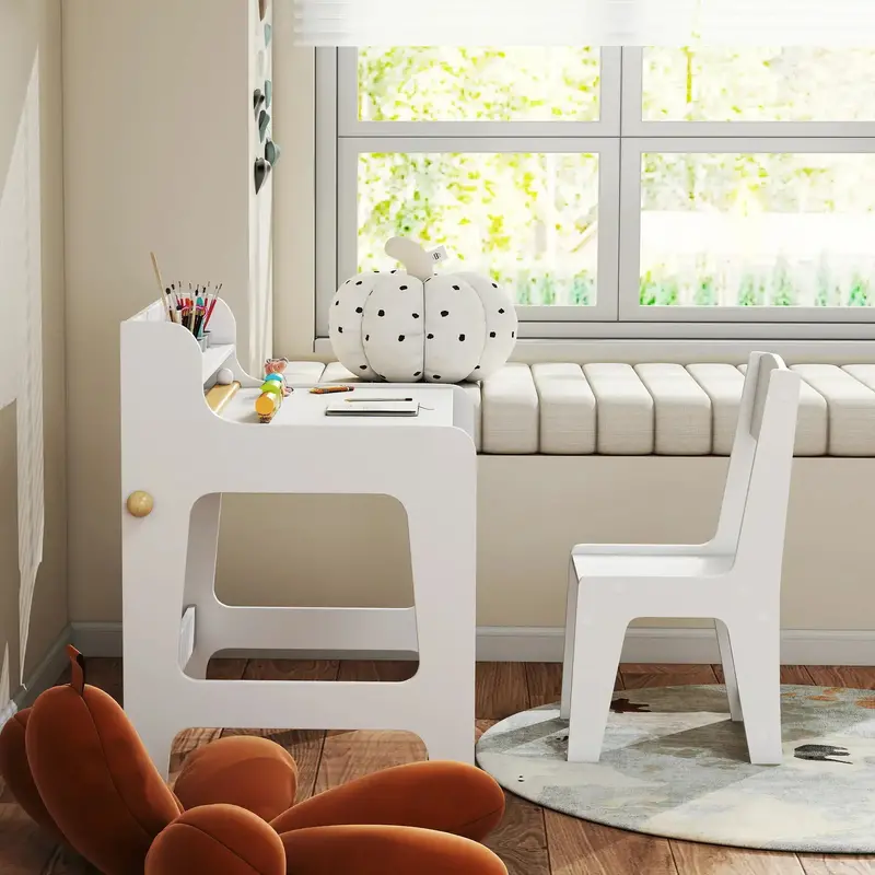 White Kids Desk and Chair Set for Children – 2-Piece with Storage Drawers & Paper Roll Holder by AIYAPLAY