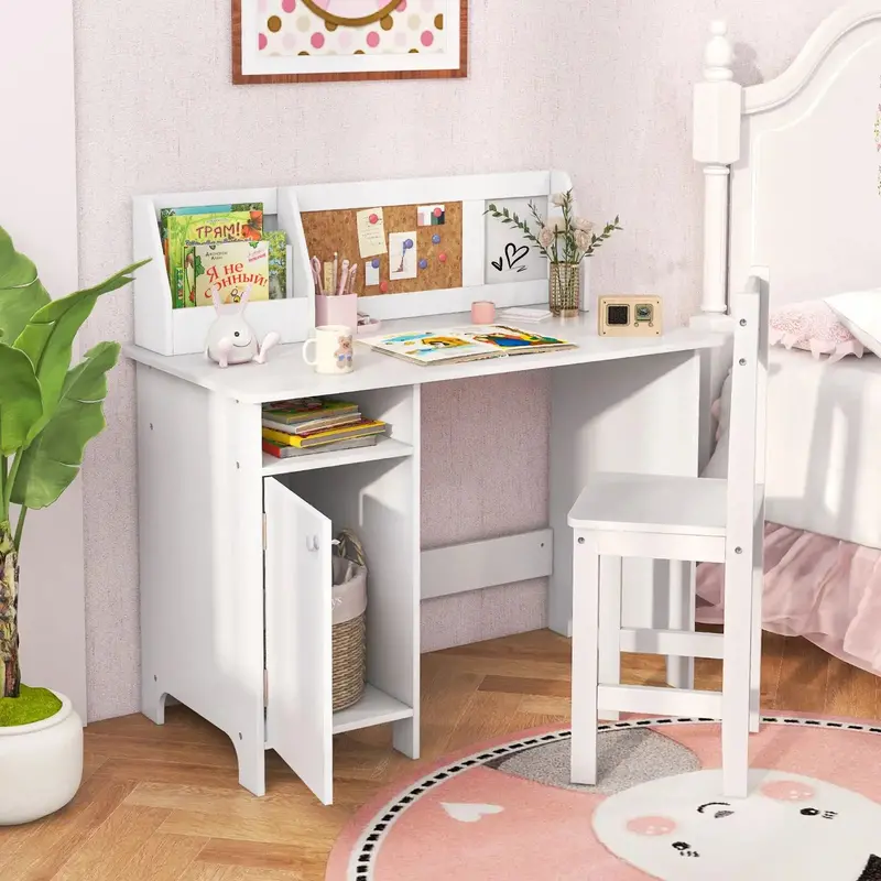 White Kids Study Desk and Chair Set with Cabinet, Bulletin Board & Storage – COSTWAY