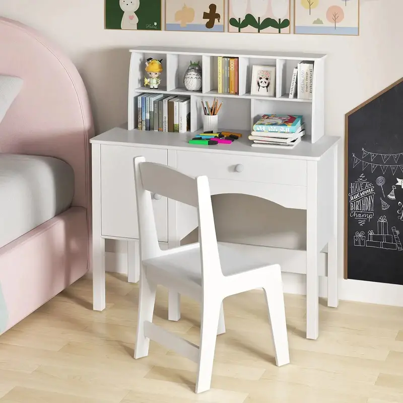 White Kids Study Desk and Chair Set with Storage Cabinet, Drawer & Hutch