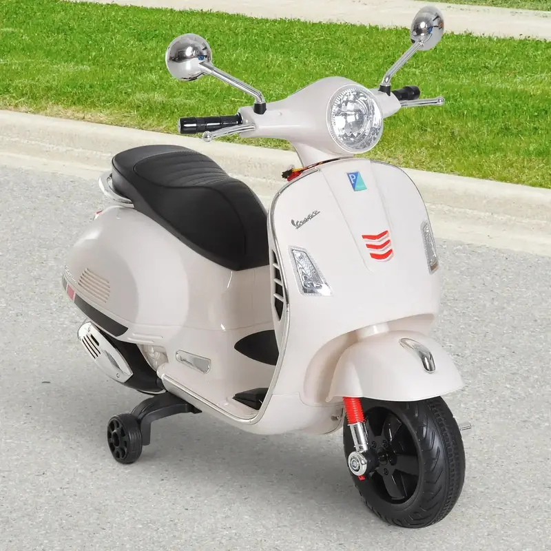 White Licensed Vespa Ride-On – 6V Motorcycle Toy with Training Wheels & Functional Lights
