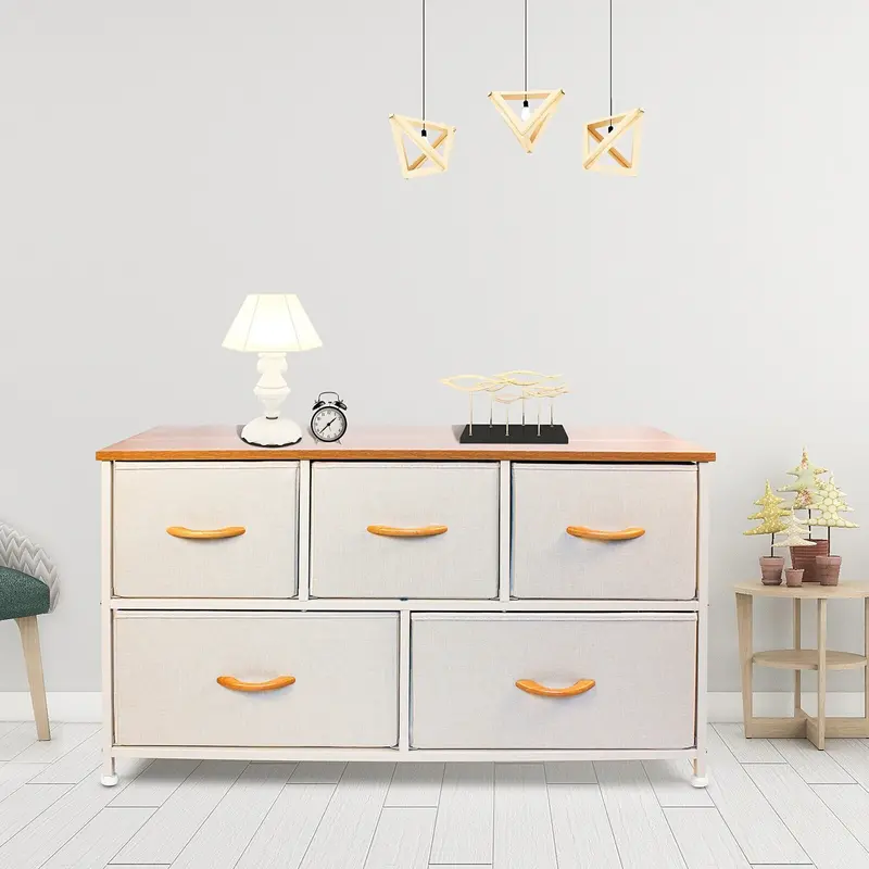 White & Natural Fabric Chest – 39″, 5 Drawers + 2 Shelves