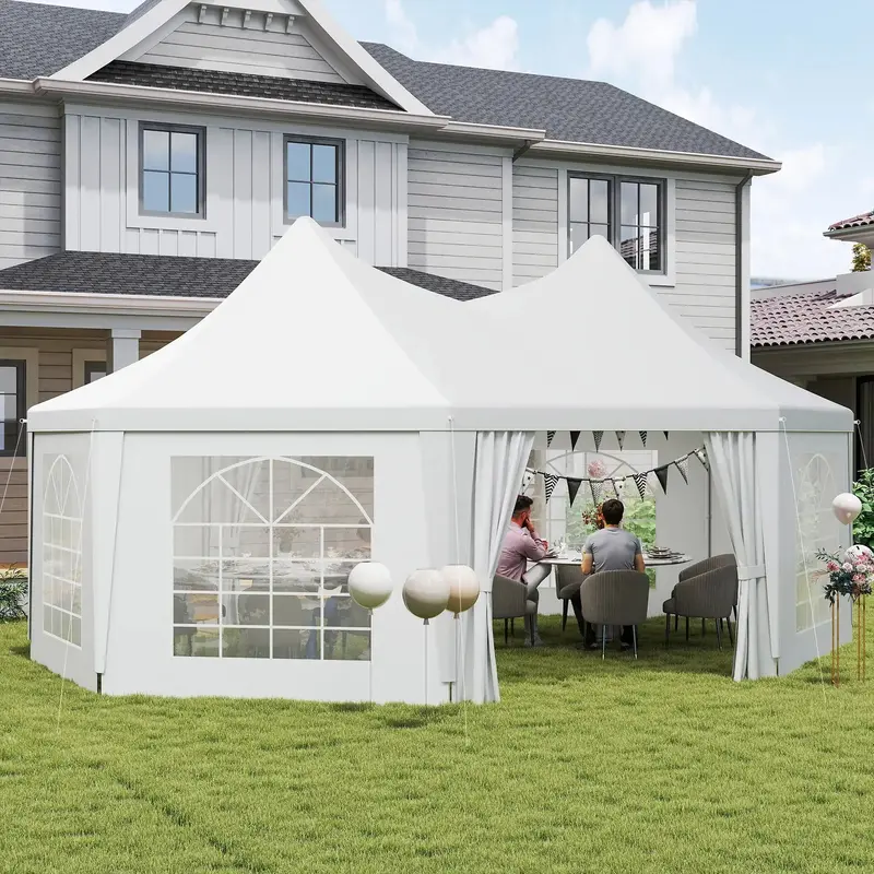 White Octagonal Marquee Gazebo | 6.8 x 5m Freestanding Outdoor Canopy Tent
