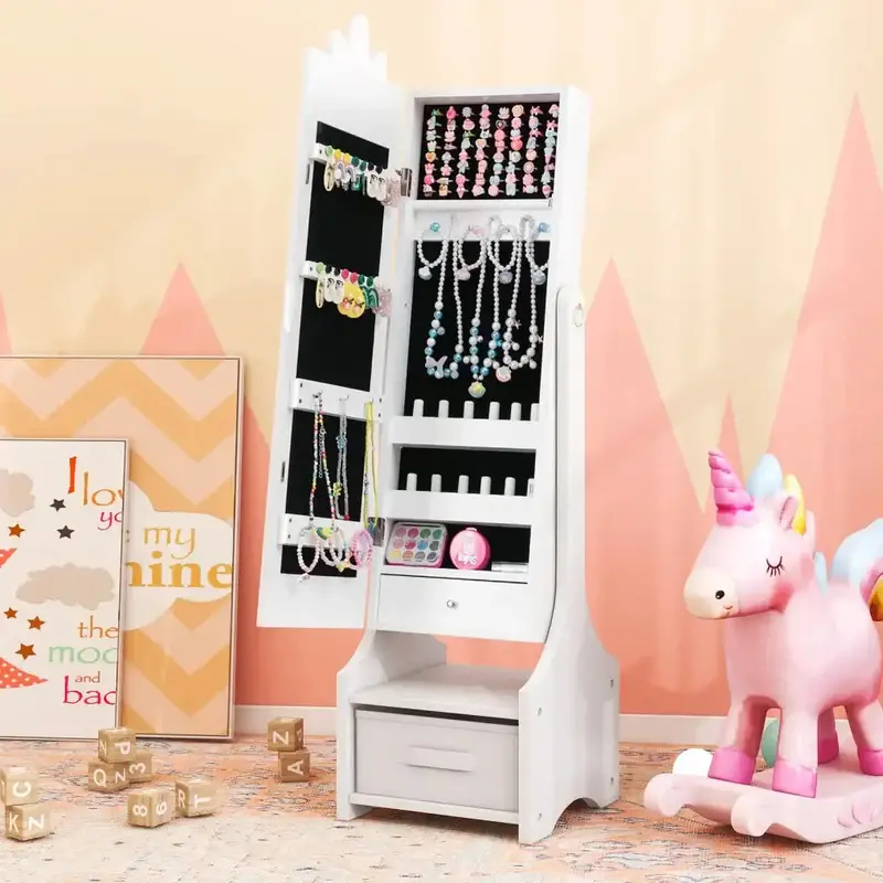 White Unicorn-Themed Jewellery Armoire – Full-Length Mirror & Compact Storage