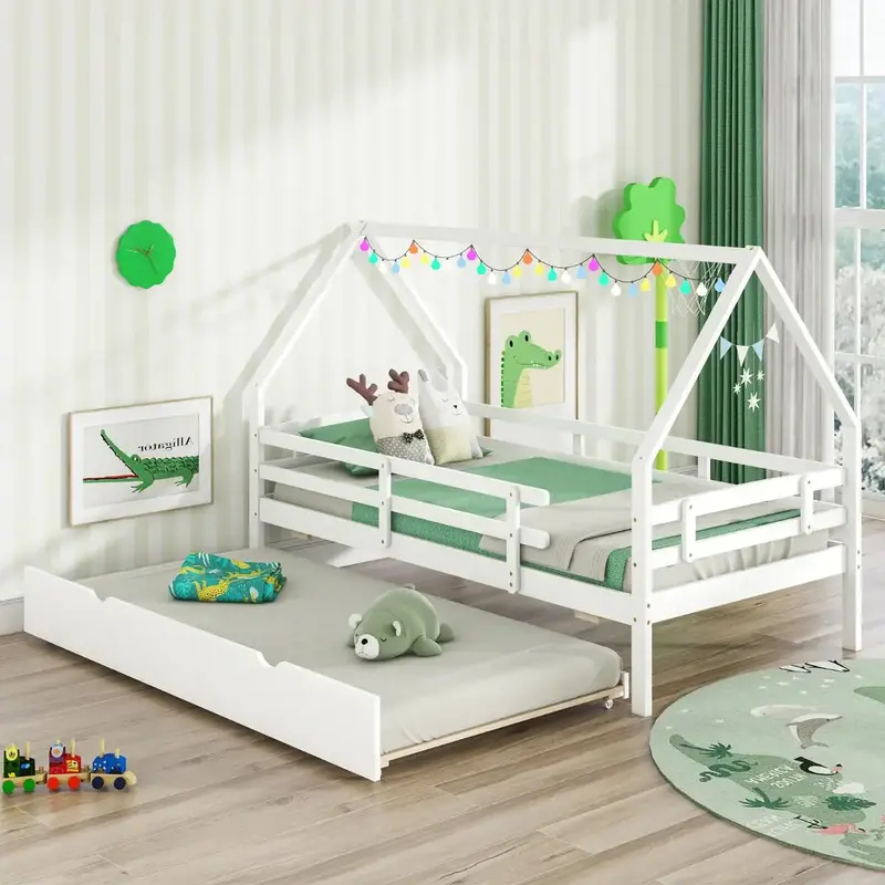 White Wooden Kids House Daybed with Trundle – Includes Roof Canopy & Safety Guardrail | COSTWAY