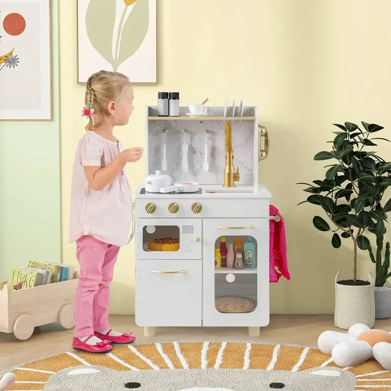 White Wooden Kids’ Kitchen Set with Accessories – Functional Stove & Realistic Cooking Play | COSTWAY