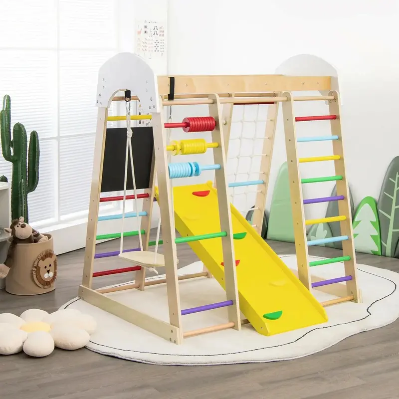 Wooden 8-in-1 Indoor/Outdoor Climbing Center | Colorful Multi-Activity Play Structure