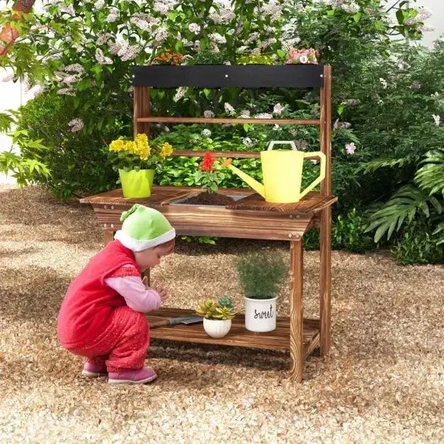 Wooden Kids Potting Bench – Pretend Play Garden Table with Storage Compartments and Planting Accessories