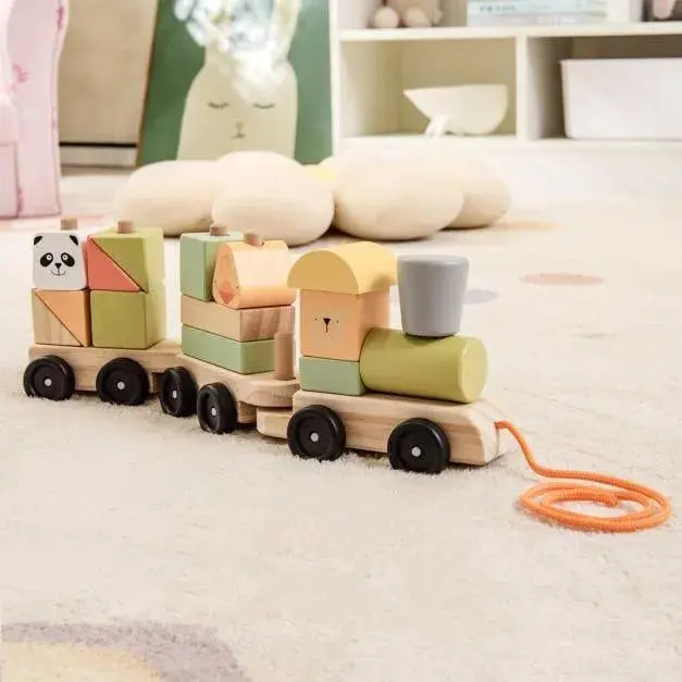 Wooden Pull-Along Train Toy | Montessori-Inspired Early Learning Set for Toddlers by COSTWAY