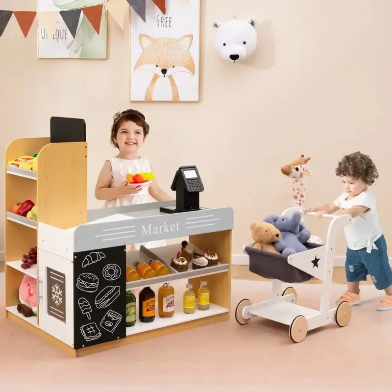 Wooden Supermarket Role-Play Set – Includes Shopping Cart, Cash Register, and Magnetic Blackboard | COSTWAY
