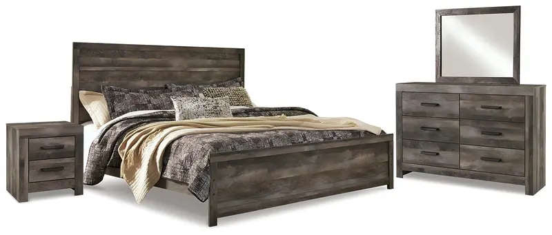 Wynnlow Gray King Panel Bed Set with Mirrored Dresser and Nightstand