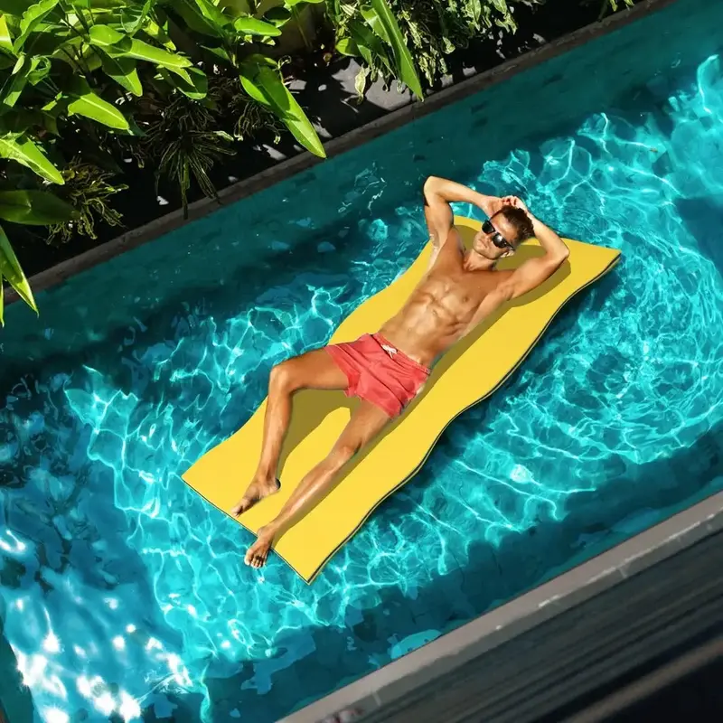 Yellow Floating Water Mat with Rolling Pillow – Durable Inflatable Pool Pad for Adults & Kids by COSTWAY