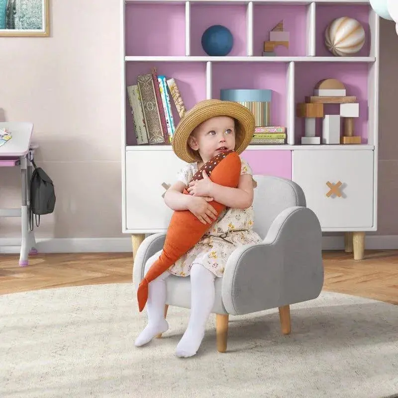 ZONEKIZ Grey and Natural Wood Kids Armchair with Cloud Motif and Dutch Velvet Upholstery